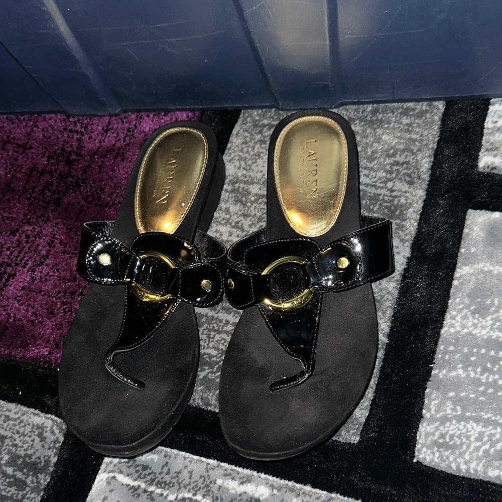 Lauren Ralph Lauren Black Patent Thong Sandals with Gold Ring Accent